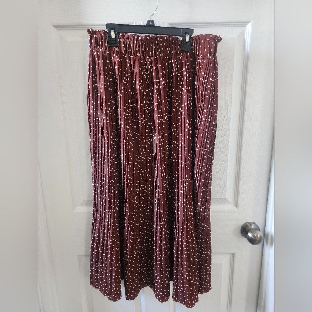 Exlura Brown Polka Dot Pleated Midi Swing Skirt Pull-On with Pockets